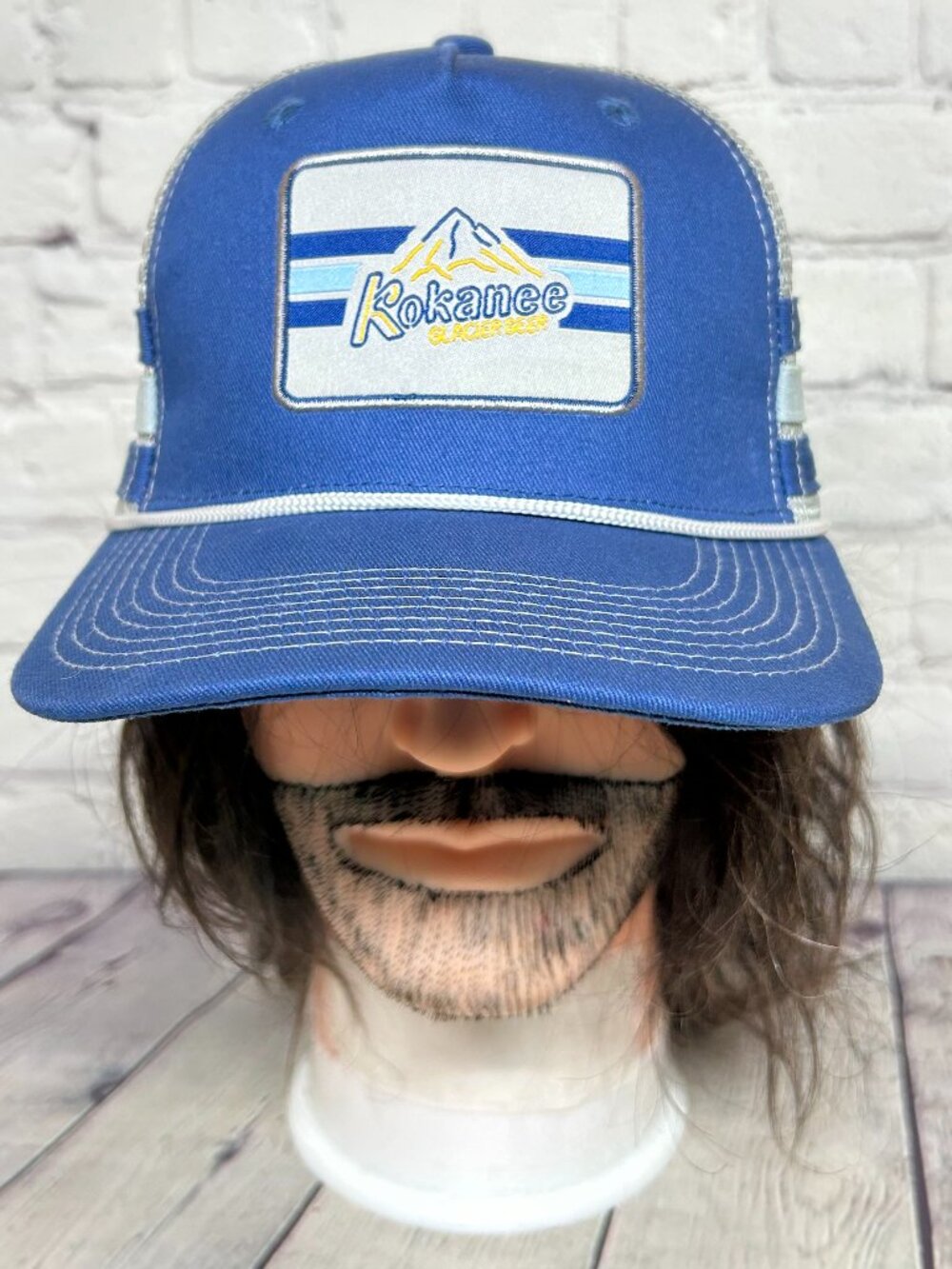 Kokanee Glacier Beer Trucker Hat Mesh Cap Snapback Rope Cap 3 Stripes Blue Gray